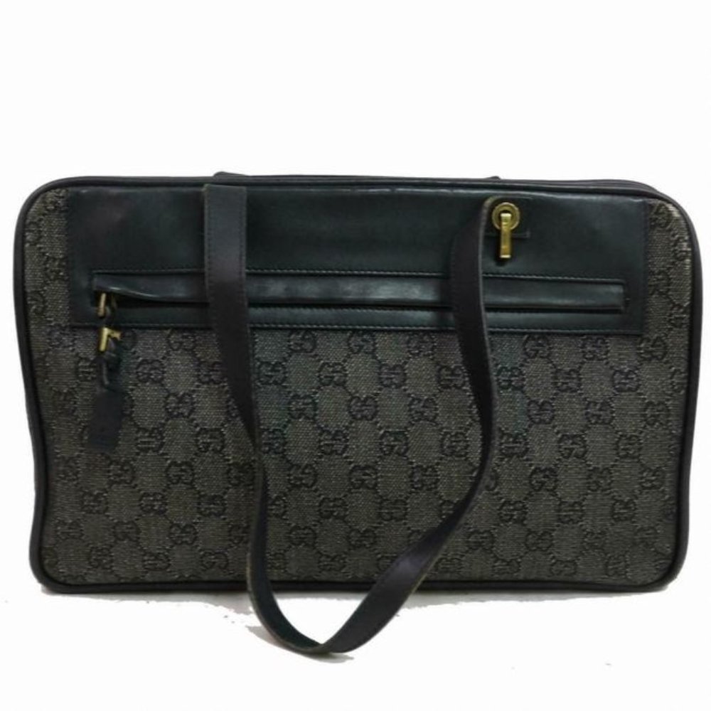Gucci Tom Ford Era Vintage Shoulder Bag Black Large G Logo Print On Grey Canvas